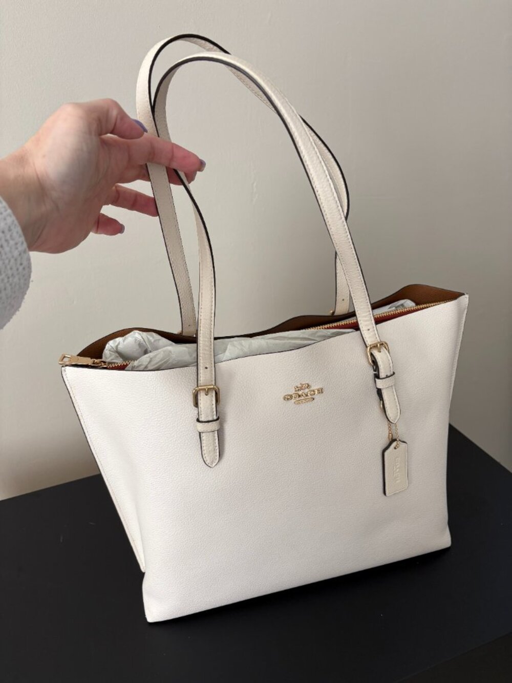 Coach Mollie White Pebbled Leather Tote w/ Gold Hardware - Picture 3 of 8